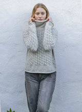 Cabled Funnel Neck Sweater - Cloud - Fisherman Out of Ireland - on model 2