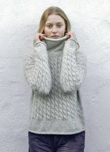 Cabled Funnel Neck Sweater - Cloud - Fisherman Out of Ireland - on model