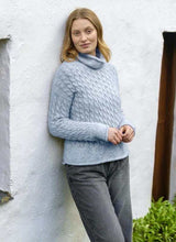 Cabled Funnel Neck Sweater - Forget Me Not - Fisherman Out of Ireland - on model 3