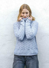 Cabled Funnel Neck Sweater - Forget Me Not - Fisherman Out of Ireland - on model 2