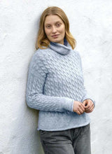 Cabled Funnel Neck Sweater - Forget Me Not - Fisherman Out of Ireland - on model
