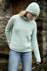 Cabled Funnel Neck Sweater -Cream Mint - Fisherman Out of Ireland - on model, front
