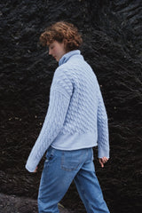 Cabled Funnel Neck Sweater - Forget Me Not - Fisherman Out of Ireland - on model - back