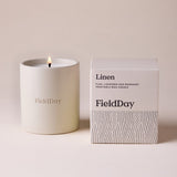 Classic Linen Stoneware Candle – Field Day - candle lit