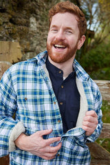 Collar Fleece Lined Flannel Shirt – Douglas Blue Tartan - Lee Valley - on model close up