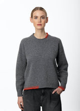 Crew neck sweater with blanket stitch detailing – Grey and Lifebuoy - Fisherman Out of Ireland - front