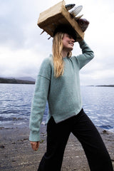 Crew neck sweater with blanket stitch detailing – Seastone and Grey - Fisherman Out of Ireland - on model