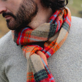 Lambswool Scarf - Beige, Orange, Red and Charcoal Plaid - John Hanly - close up on model
