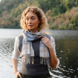 Fine Merino Scarf - Blue, Grey, Stone and White Block Check - John Hanly - on model
