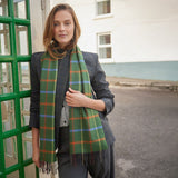 Fine Merino Scarf - Green, Rust Orange and Blue Check - John Hanly - on female model