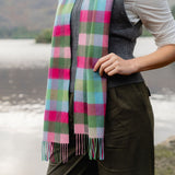 Fine Merino Scarf -Pink Raspberry, Blue and Green Block Check - John Hanly - on model, close up