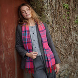Fine Merino Scarf - Pink, Slate and Navy Blue Check Herringbone - John Hanly - on model