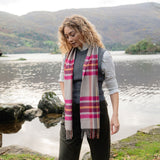 Fine Merino Scarf -Pink, Wine, Orange and Stone Check - John Hanly - on model