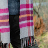 Fine Merino Scarf -Pink, Wine, Orange and Stone Check - John Hanly - on model, close up