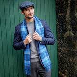 Fine Merino Scarf - Blue and Navy Plaid - John Hanly - on male model