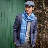 Fine Merino Scarf - Blue and Navy Plaid - John Hanly - on male model