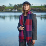 Fine Merino Scarf - Red, Pink and Navy Check - John Hanly - on model