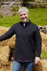 Flannel Granddad Shirt - Navy Melange Twill - Lee Valley - on model