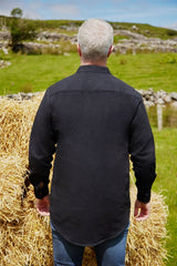 Flannel Granddad Shirt - Navy Melange Twill - Lee Valley - back, on model