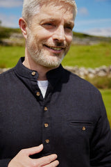 Flannel Granddad Shirt - Navy Melange Twill - Lee Valley - close up on model