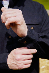 Flannel Granddad Shirt - Navy Melange Twill - Lee Valley - detail wrist on model