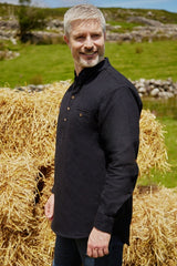 Flannel Granddad Shirt - Navy Melange Twill - Lee Valley - side, on model