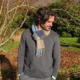 Lambswool Scarf - Beige, Grey, Blue, Silver and Navy Block Check - John Hanly - on model