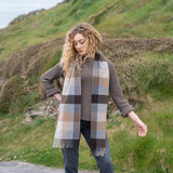 Lambswool Scarf - Beige, Brown and Grey Herringbone Block - John Hanly - on model