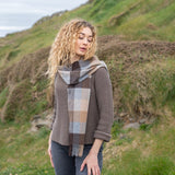 Lambswool Scarf - Beige, Brown and Grey Herringbone Block - John Hanly - on model 2