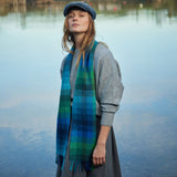 Lambswool Scarf - Turquoise, Green and Blue Block - John Hanly - on model