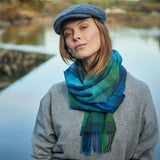 Lambswool Scarf - Turquoise, Green and Blue Block - John Hanly - on model