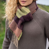 Merino and Cashmere Scarf - Green, Wine and Clay Diamond Check - John Hanly - on model, close up
