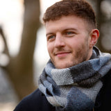 Merino and Cashmere Scarf - Silver, Denim and Charcoal Diamond Check - John Hanly - on model