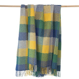 Merino and Cashmere Throw - Blue, Grey, Yellow and Green Block Textured Twill - John Hanly