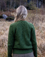 Raglan C, backardigan with cable detail - Shamrock - Fisherman Out of Ireland - on model, back