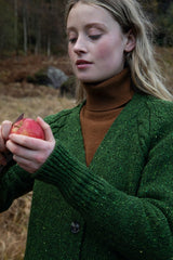 Raglan Cardigan with cable detail - Shamrock - Fisherman Out of Ireland - on model, detail