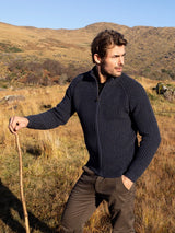 Ribbed Raglan Zip Cardigan - Dark Indigo and Black - Fisherman Out of Ireland - on model