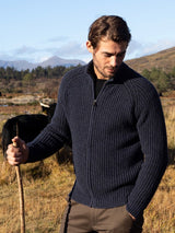 Ribbed Raglan Zip Cardigan - Dark Indigo and Black - Fisherman Out of Ireland - on model