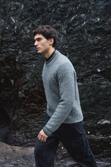 Ribbed Roll Neck Jumper with curved end at back - Smoke - Fisherman Out of Ireland - on model- side