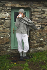 Shawl Collar Tuck Stitch Cardigan - Smoke - Fisherman Out of Ireland - on model 2