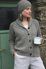 Shawl Collar Tuck Stitch Cardigan - Smoke - Fisherman Out of Ireland - on model