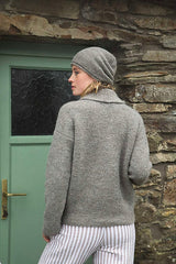 Shawl Collar Tuck Stitch Cardigan - Smoke - Fisherman Out of Ireland - on model, back