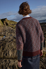 Tapestry V-Cardigan with side seam pockets - Cinnamon Spice - Fisherman Out of Ireland - on model - back