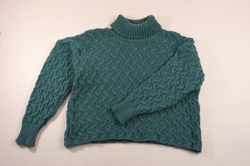 High Neck Cable Aran Sweater Teal - Irish Handcrafts