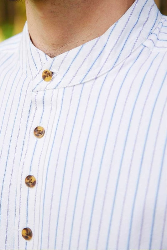 Vintage Granddad Shirt - Blue pin stripes on white ground - Lee Valley - detail neck