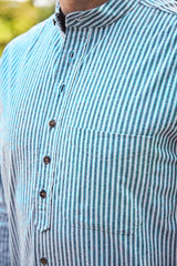 Vintage Granddad Shirt - Green & Blue stripes - Lee Valley - detail pocket