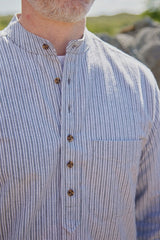 Vintage Granddad Shirt - Slate grey pin stripes - Lee Valley - detail front on model