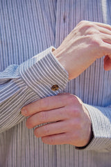 Vintage Granddad Shirt - Slate grey pin stripes - Lee Valley - detail wrist on model