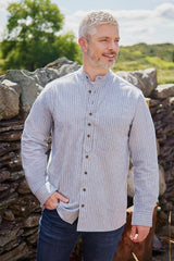 Vintage Granddad Shirt - Slate grey pin stripes - Lee Valley - on model