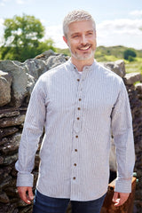 Vintage Granddad Shirt - Slate grey pin stripes - Lee Valley - on model